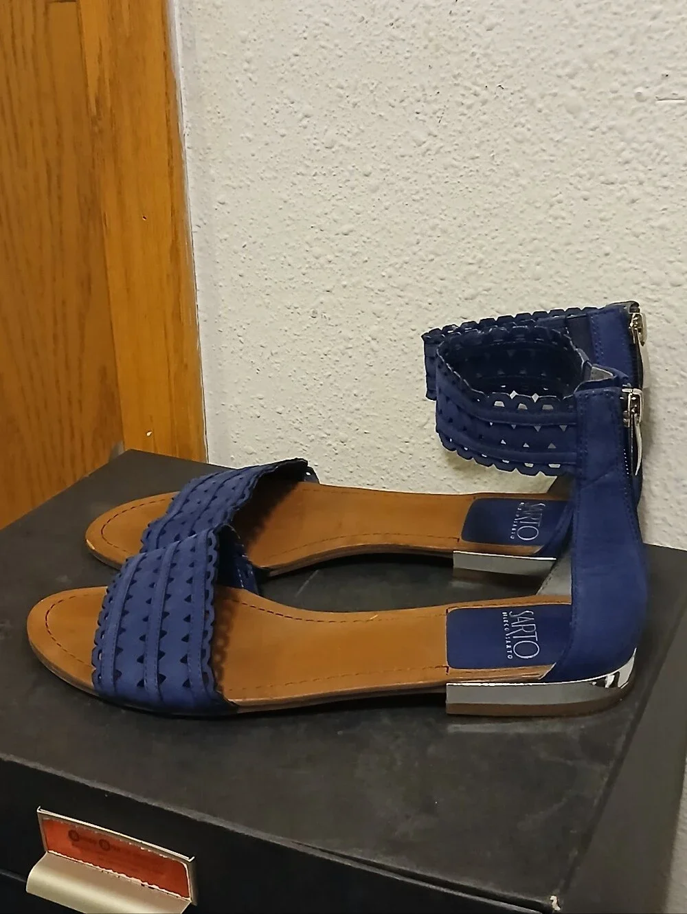 Franco Sarto Blue Suede Laser-Cut Ankle Zip Flat Sandals Size 8.5M